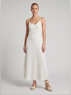 Off White Textured Cottagecore Ruffle Knit Maxi Dress
